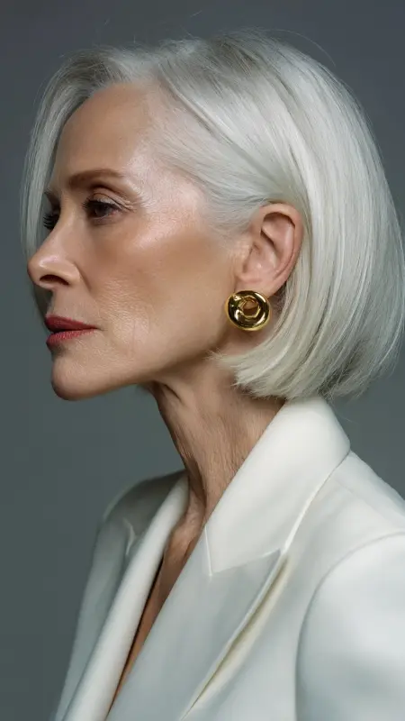 Sleek Side-Parted Bob -  Short white hair for older women 
