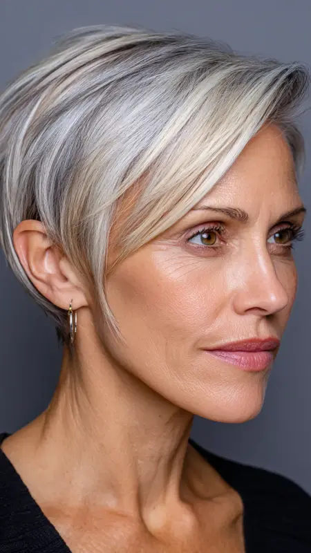 Sleek Side-Parted Pixie - Pixie hairstyles for older women over 60