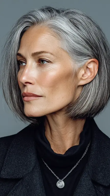 Sleek Silver Blunt Cut - gray hair styles for women over 50