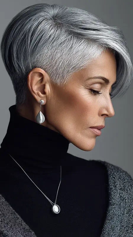 Sleek Silver Crop -  Short white hair for older women 