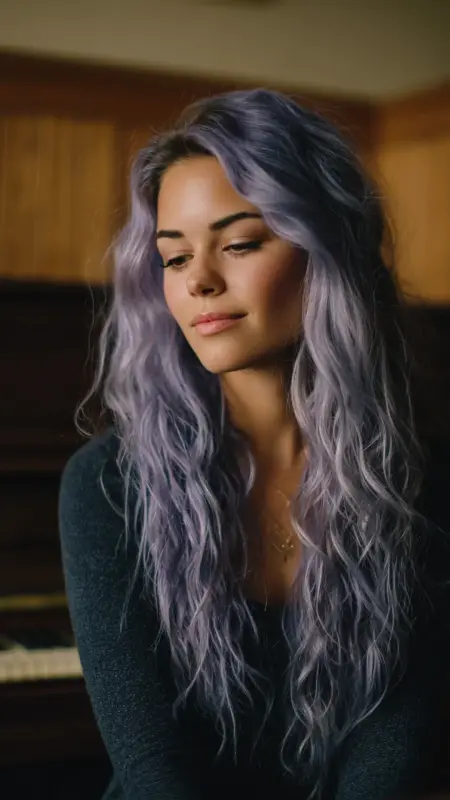 Smokey Lavender Balayage on Long Waves - Hair color ideas for students