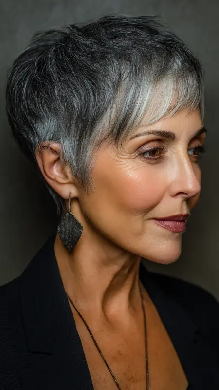 Smoky Charcoal Tones on a Short Cut - hair color ideas for women over 70