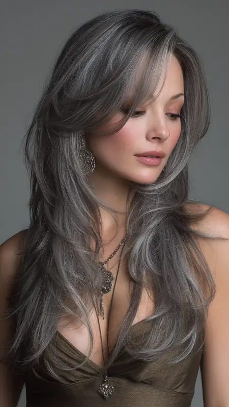 Smoky Silver Long Layers - silver hair color ideas