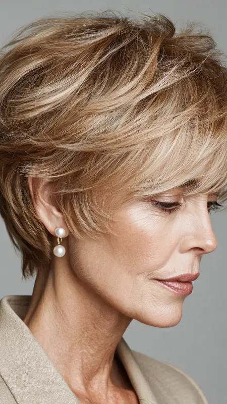 Soft Beige Blonde Crop with Long Bangs - hair color for older women over 50