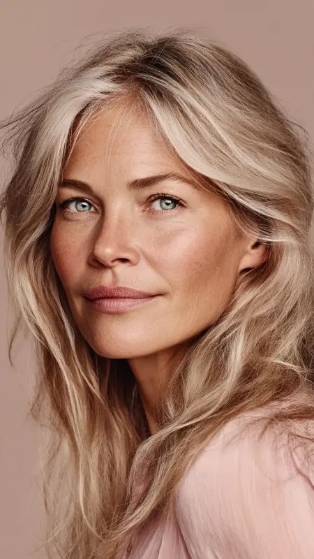 Soft Beige Highlights on Long Curtain Layers -  cover grey hair with highlights 