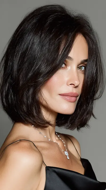 Soft Black Shoulder-Length Cut with Glossy Finish - hair color for older women over 50