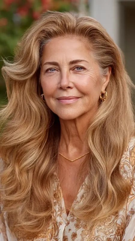 Soft Caramel Highlights on Wispy Layers -  cover grey hair with highlights 