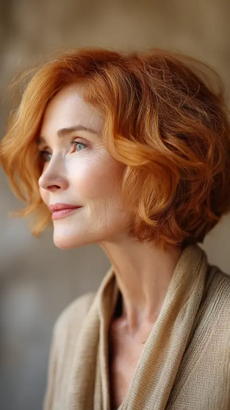 Soft Copper Bob with Feathered Ends - hair color ideas for women over 70