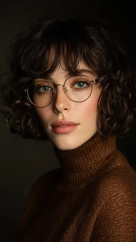 Soft Curly Crop with Baby Bangs -  short curly hair with glasses 