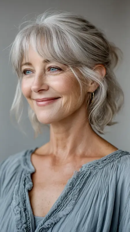 Soft Feathered Layers with Side-Swept Bangs - Medium length hair with layers over 60 older women