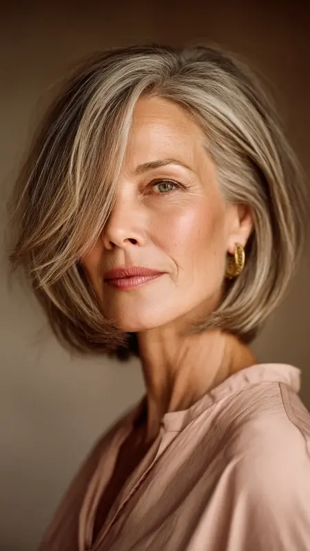 Soft Feathered Layers with Side-Swept Bangs - Shoulder Length Hairstyles For Women Over 60