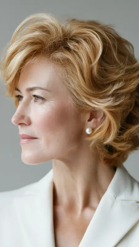 Soft Golden Blonde Cropped Cut with Side Bangs - hair color for older women over 50