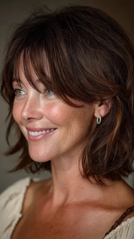 Soft Layered Bob with Side Bangs - Medium Length Bob Haircuts For Women Over 50