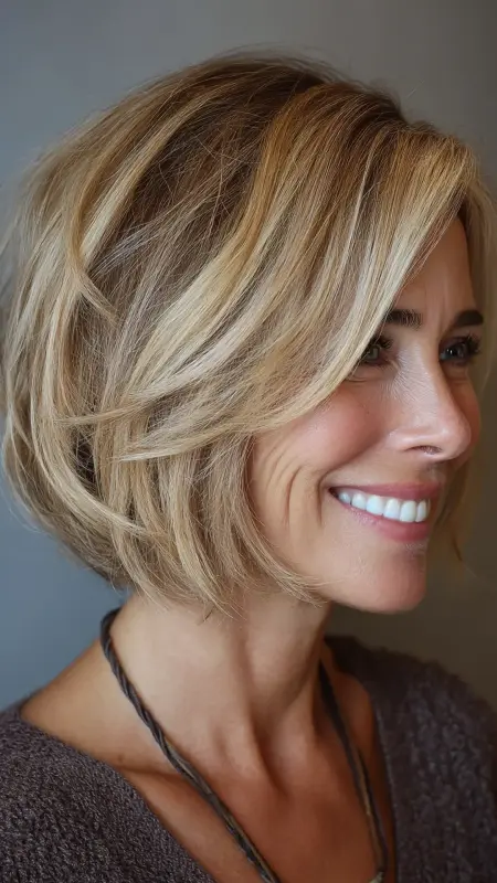 Soft Layered Bob with Side Bangs - Medium length haircuts for women over 50