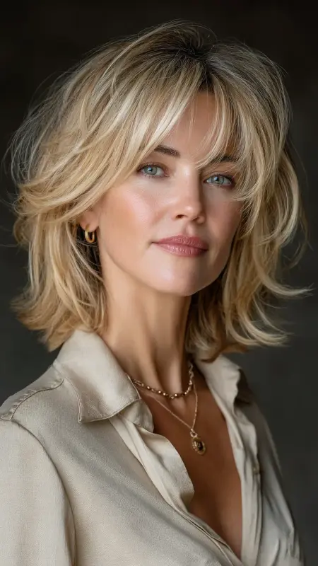 Soft Layered Bob with Side Bangs - medium length hair for women over 50