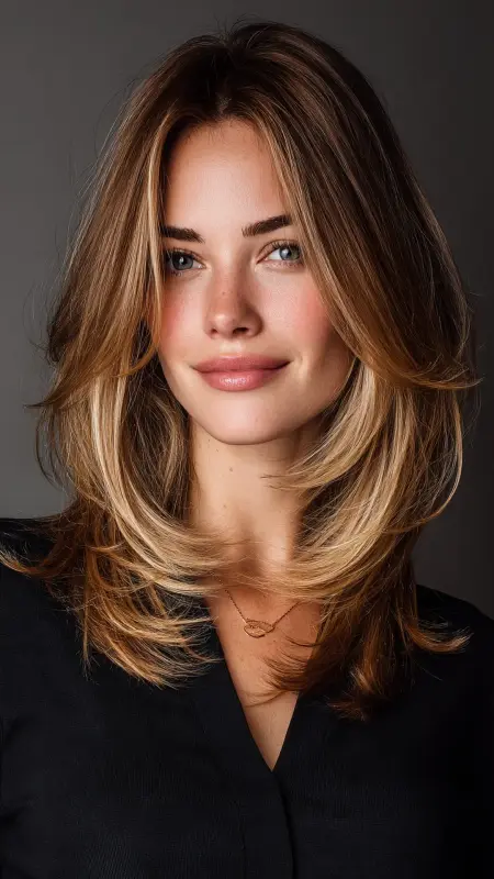 Soft Layered Lob with Face-Framing Highlights - Shoulder length haircut for round faces