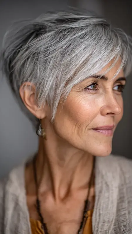 Soft Layered Pixie with Long Bangs - Hairstyles for women over 70 with fine hair