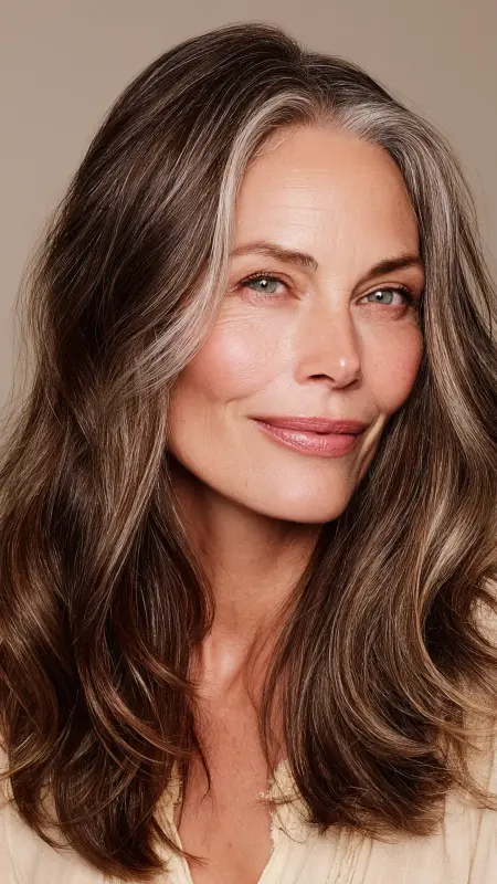 Soft Mocha Brown with Silver - hair color ideas for women over 70