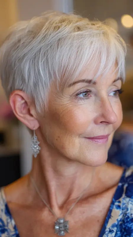 Soft Platinum Crop with Feathered Bangs - hair color ideas for women over 70