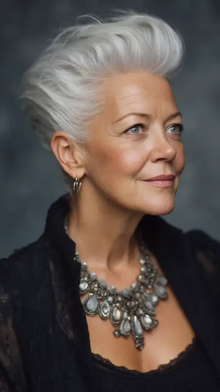 Soft Pompadour -  Short white hair for older women 