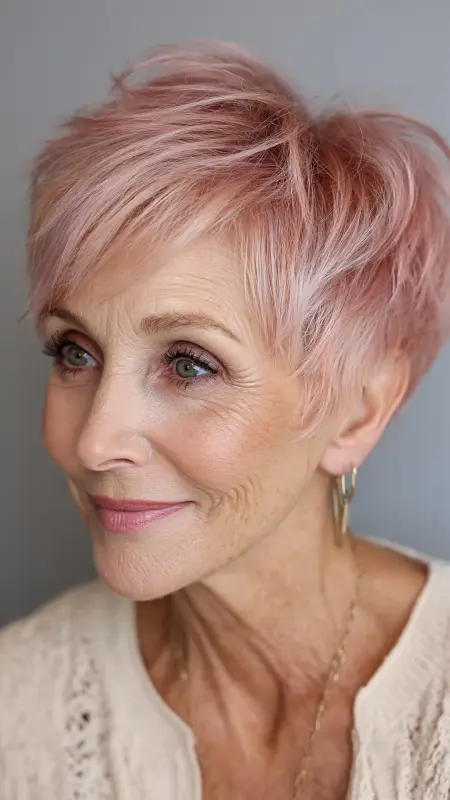 Soft Rose Gold Pixie - hair color ideas for women over 70