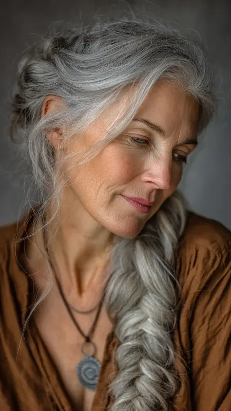 Soft Silver Braid - gray hair styles for women over 50