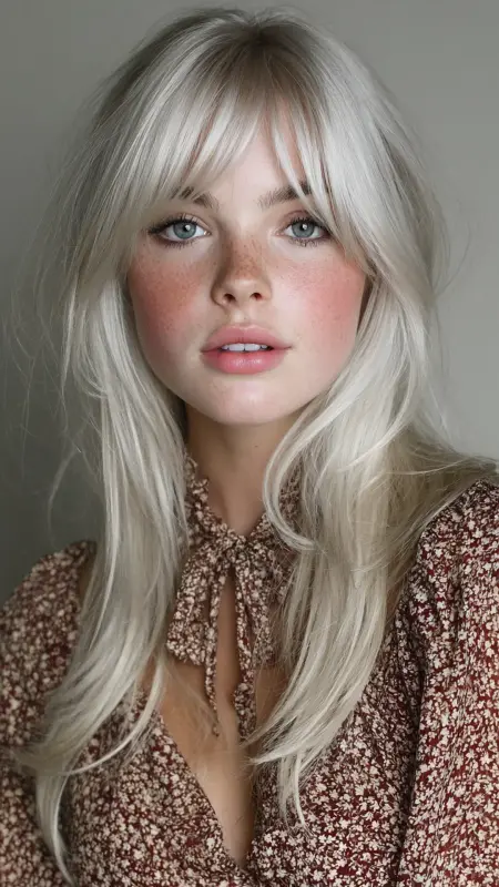 Soft Silver Curtain Bangs - silver hair color ideas