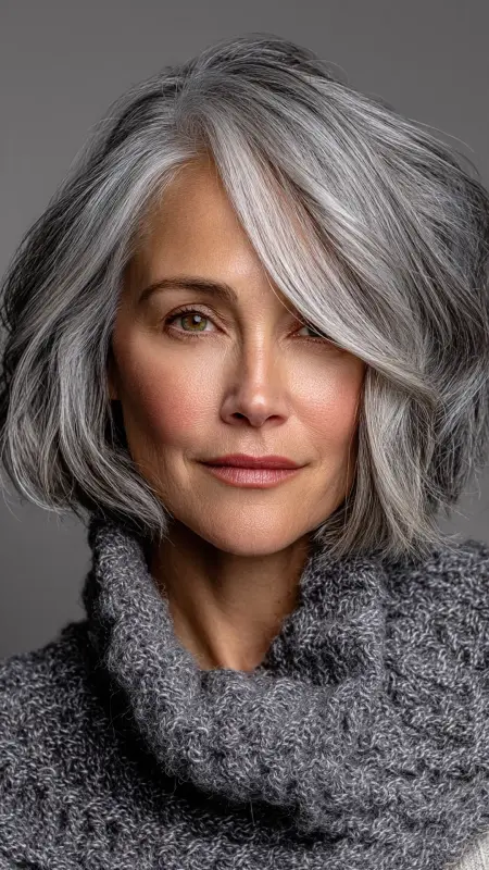 Soft Silver Layered Bob - gray hair styles for women over 50