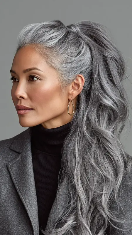 Soft Silver Ponytail with Volume - gray hair styles for women over 50