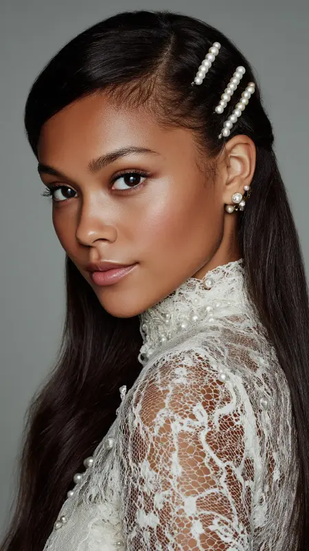 Straight Hair with Pearl Barrettes - Straight Hairstyles