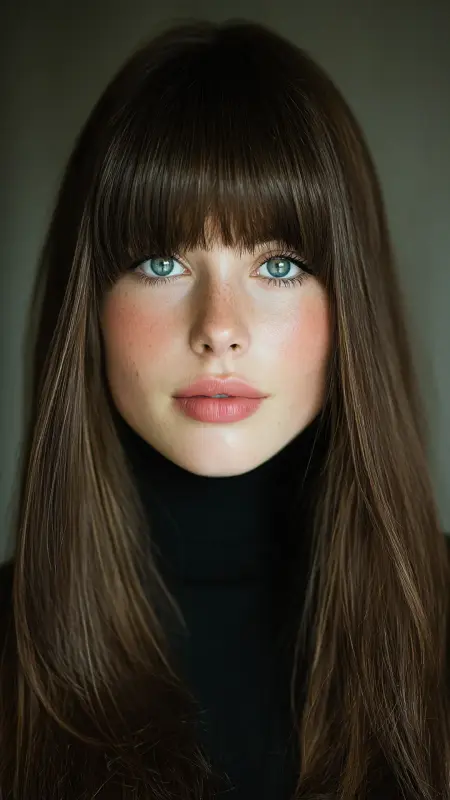 Straight and Center-Parted Curtain Bangs - long curtain bangs round face