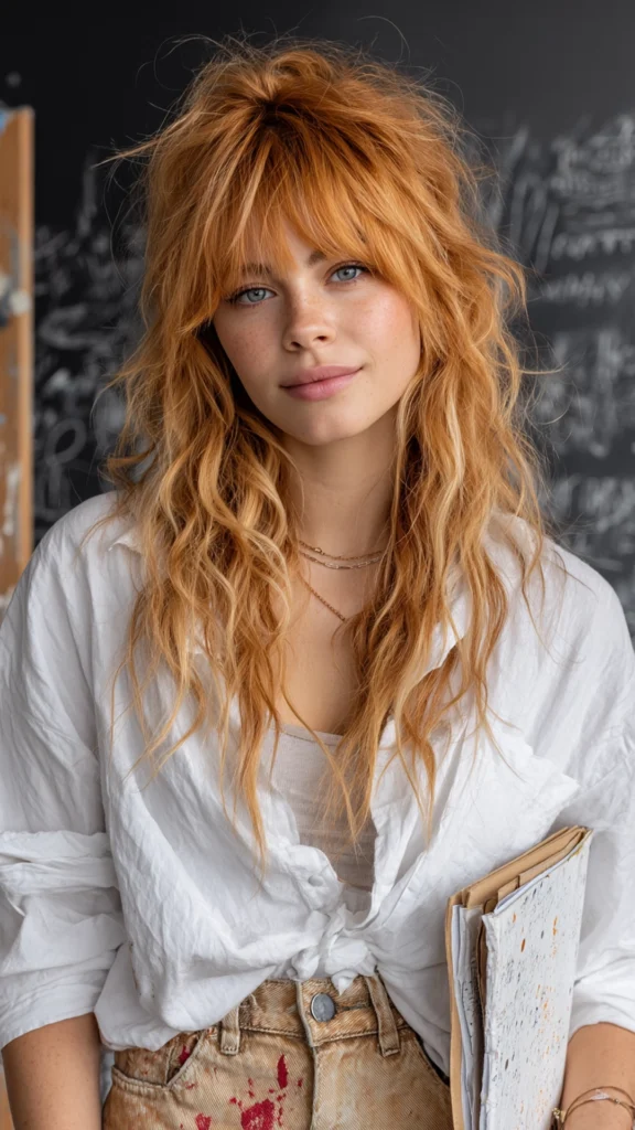 Strawberry Blonde Shag with Micro Bangs Professi – Hair color for college students – HappyHairy