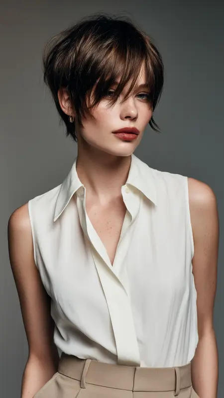 Sun-Kissed Brunette Pixie Whirl - Summer hairstyles for short hair