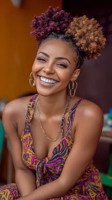 Textured Afro Puff - Burgundy Gold Tips - Two hair colors split