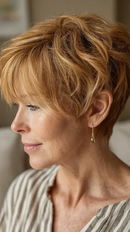 Textured Crop with Side Bangs -  Haircuts for women over 50 with bangs 