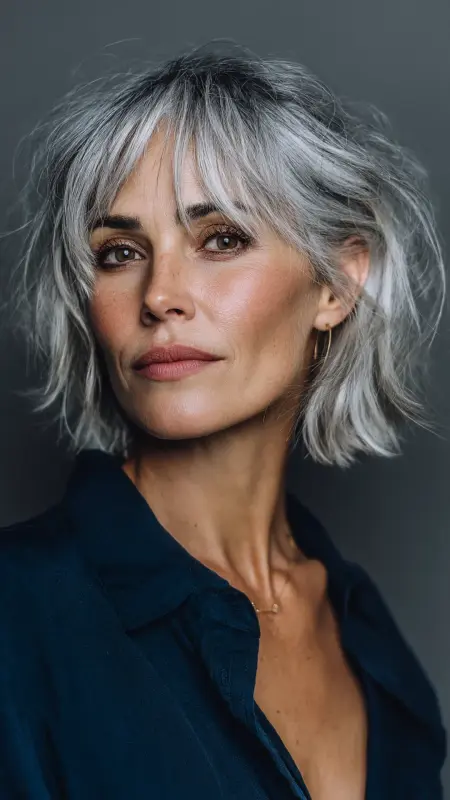 Textured Lob with Eyebrow-Grazing Bangs -  Haircuts for women over 50 with bangs 
