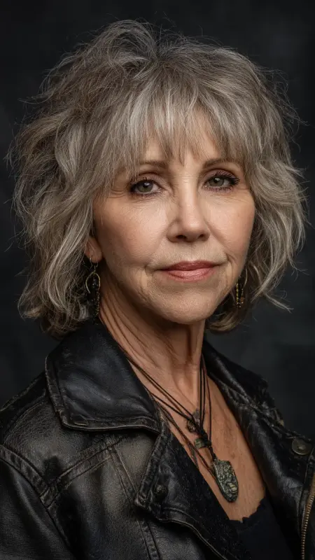 Textured Shag with Choppy Bangs -  Haircuts for women over 50 with bangs 