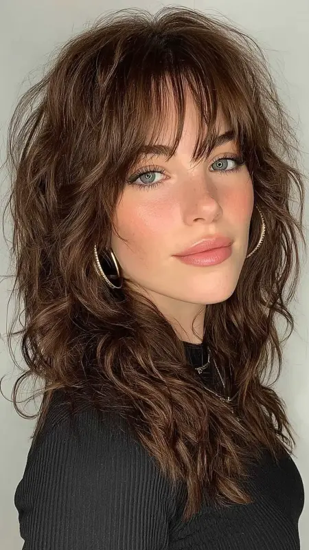 Textured Shag with Curtain Bangs - Shoulder length haircut for round faces