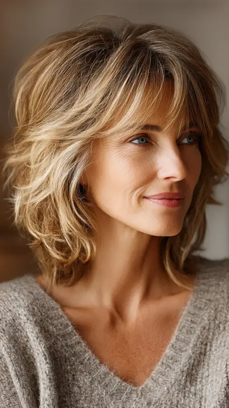 Textured Shoulder Cut with Wispy Bangs - Medium length haircuts for women over 50