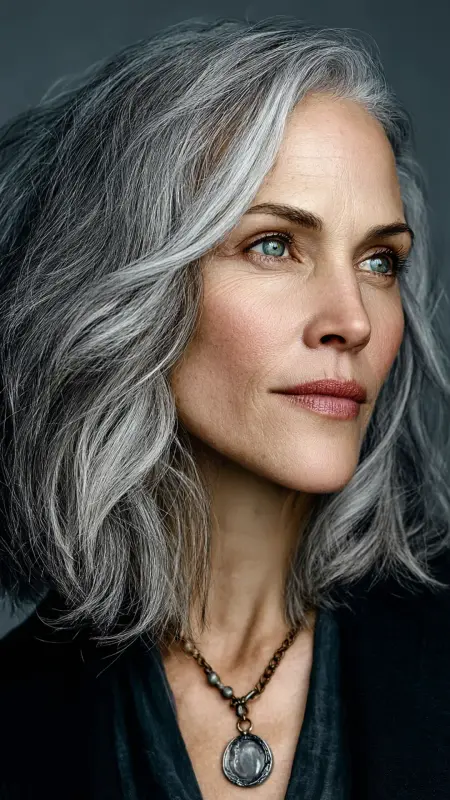 Textured Silver Lob - gray hair styles for women over 50