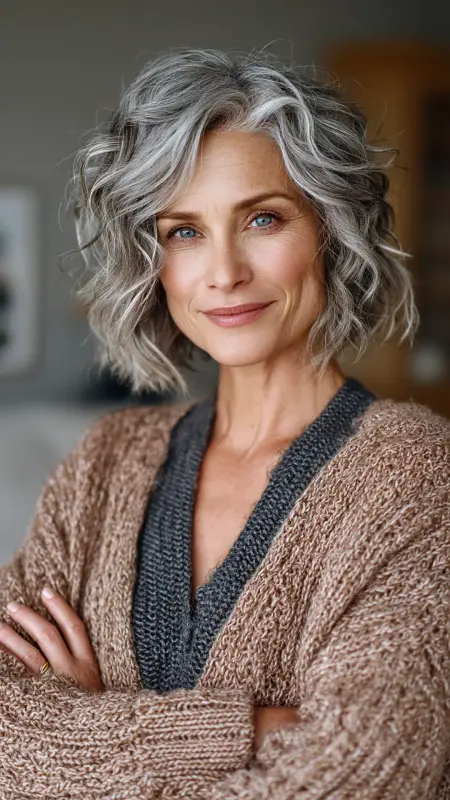 Textured Wavy Lob with Grey Blending Highlights - Shoulder Length Hairstyles For Women Over 60