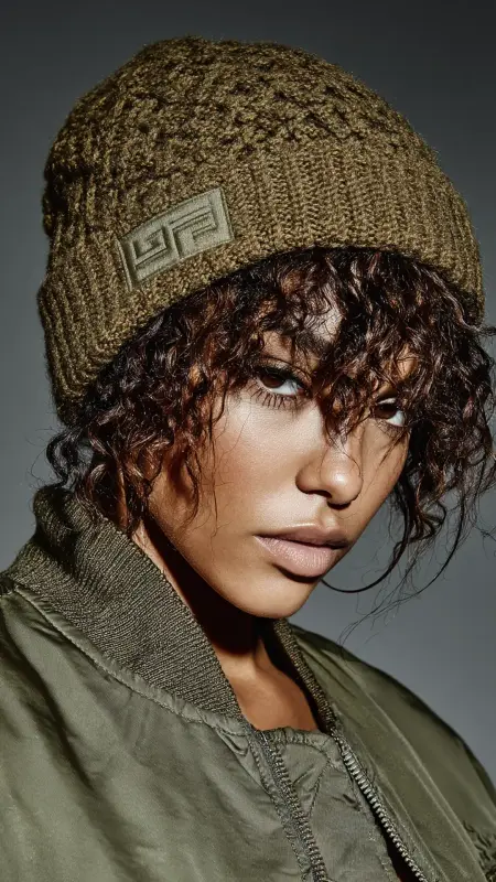 Tight Ringlets with Statement Beanie - Curly Hairstyles With Beanies