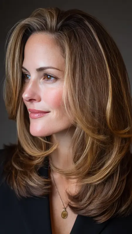 Toffee Highlights on Collarbone Cut -  cover grey hair with highlights 
