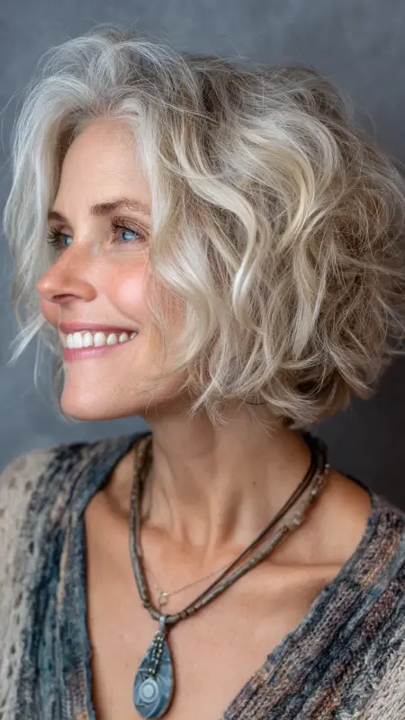 Tousled Ear-Length Bob -  Short hairstyles for women over 60 with wavy hair 