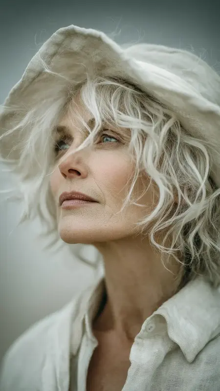 Tousled Lob Long Bob -  Short white hair for older women 