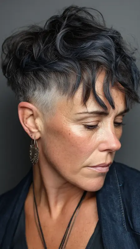 Undercut Pixie with Choppy Bangs - Undercut pixie haircut for older women