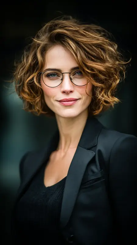 Voluminous Curly Bob with Middle Part -  short curly hair with glasses 