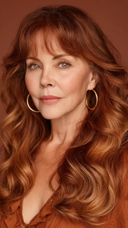 Warm Auburn Waves with Face-Framing Highlights - hair color ideas for women over 70
