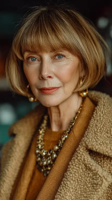 Warm Caramel Bob with Blunt Bangs - hair color for older women over 50