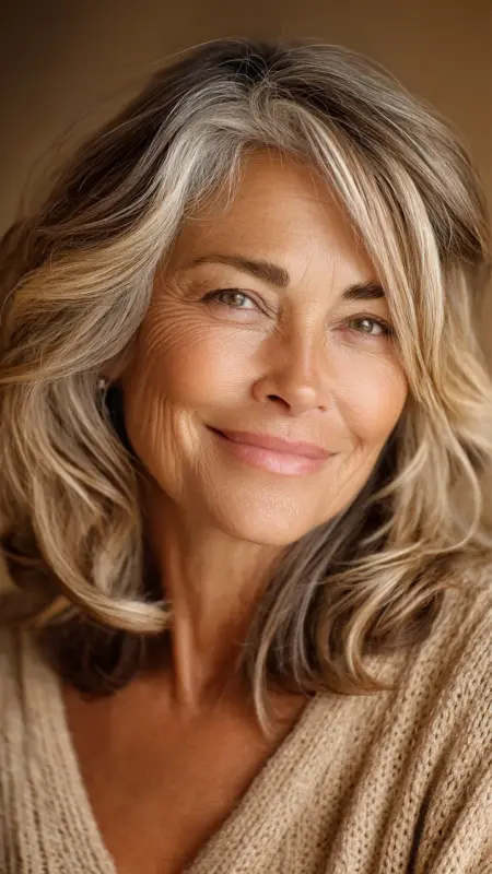 Warm Caramel Highlights on Shoulder-Length Layers - hair color ideas for women over 70